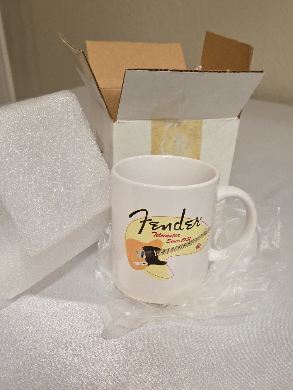 Fender White Mug with Yellow and Orange Telecaster Guitar Graphic